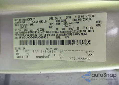 2019 Ford Escape Se z USA, uszkodzony, nr VIN 1FMCU9GD2KUC48501